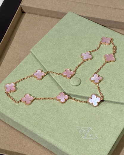 [Dawnora Jewelry Jewellery] Pink Necklace with Ten Clover Designs