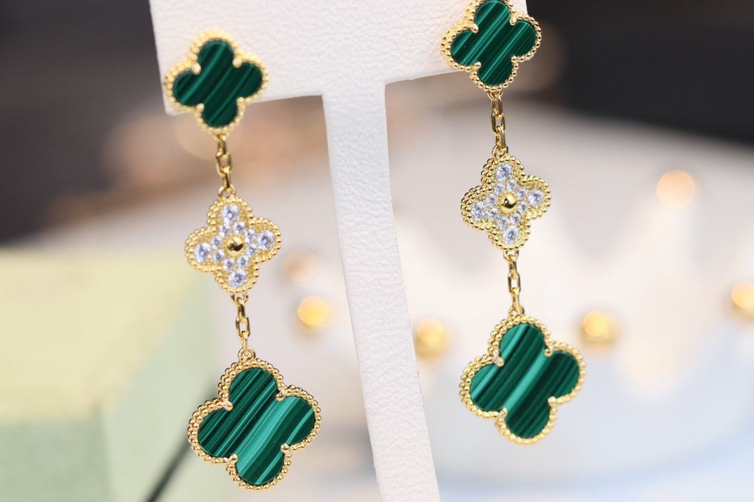 [Dawnora Jewelry]CLOVER EARRINGS GOLD MALACHITE DIAMOND 3 MOTIF