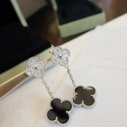 [Dawnora Jewelry]CLOVER 2 MOTIFS  DIAMOND ONYX EARRINGS SILVER