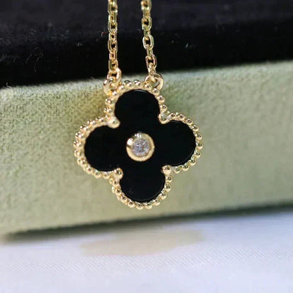 [Dawnora Jewelry]CLOVER 15MM DIAMOND ONYX NECKLACE