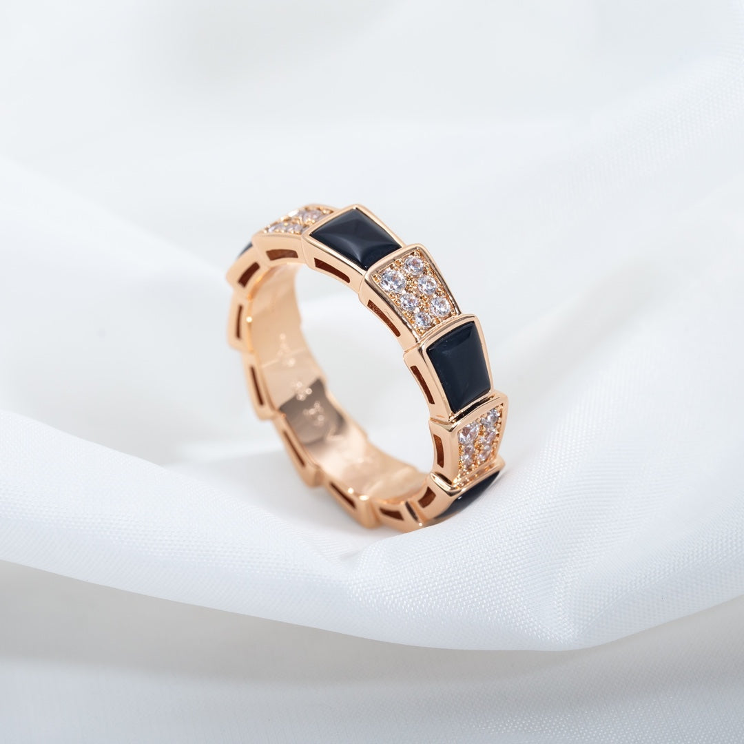 [Dawnora Jewelry]SERPENTI RING PINK GOLD BLACK MOP DIAMOND PAVED 4MM