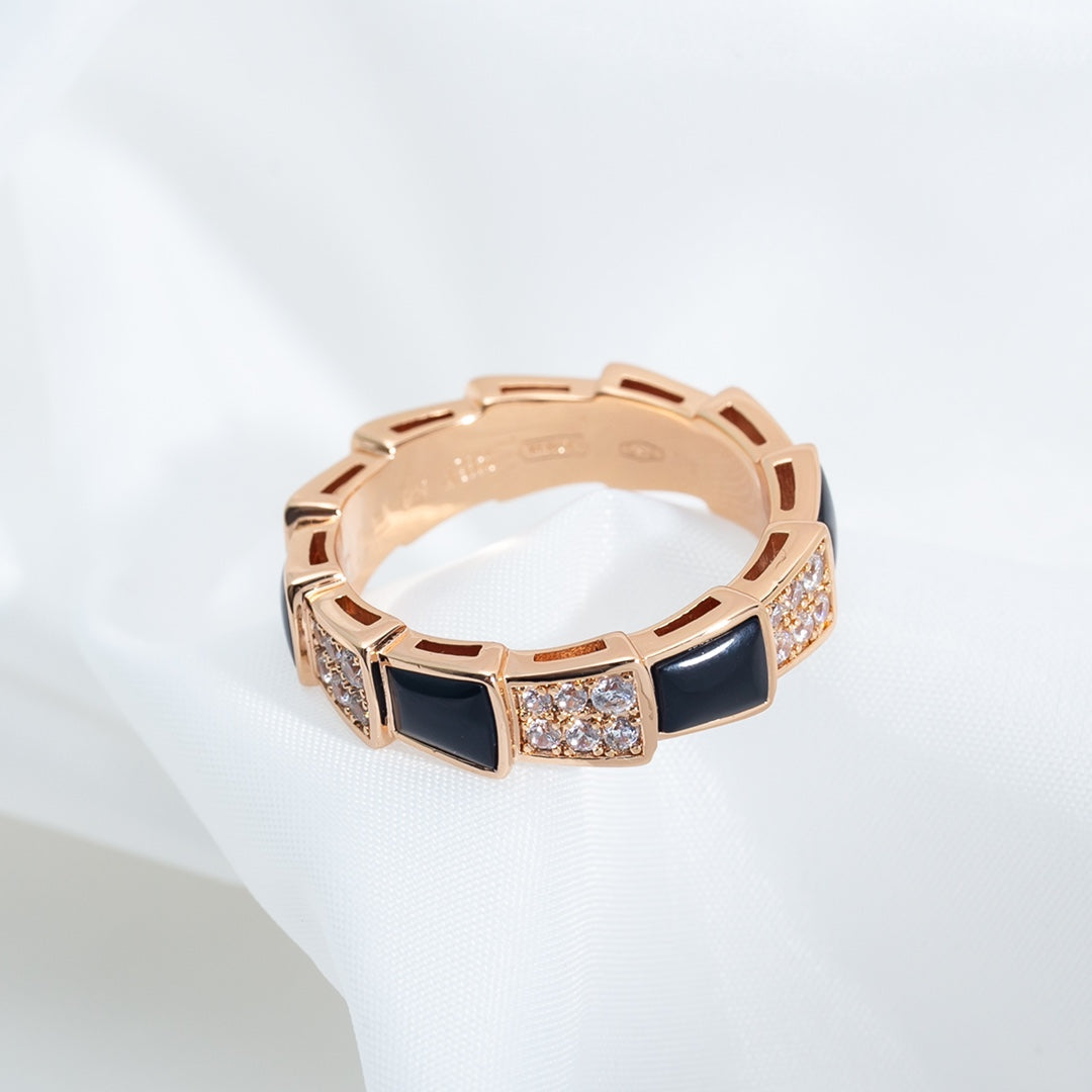 [Dawnora Jewelry]SERPENTI RING PINK GOLD BLACK MOP DIAMOND PAVED 4MM
