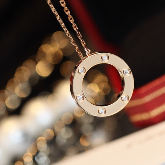 [Dawnora Jewelry]LOVE NECKLACE 16MM 6 DIAMONDS PINK GOLD