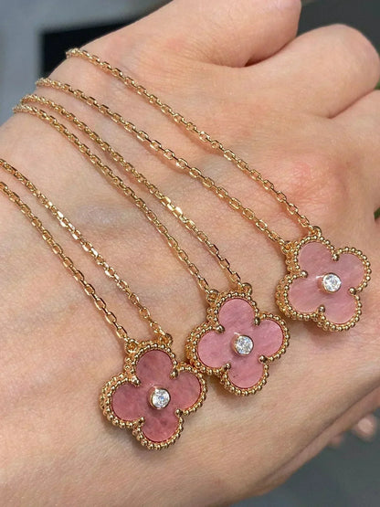 [Dawnora Jewelry]CLOVER 15MM DIAMOND RHODONITE NECKLACE