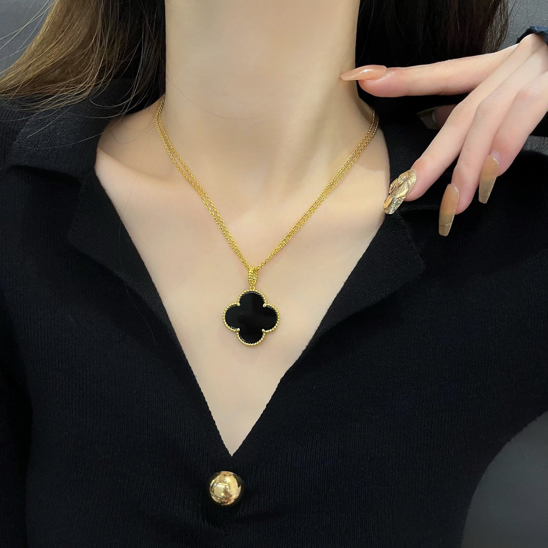 [Dawnora Jewelry]CLOVER 25MM NECKLACE GOLD ONYX