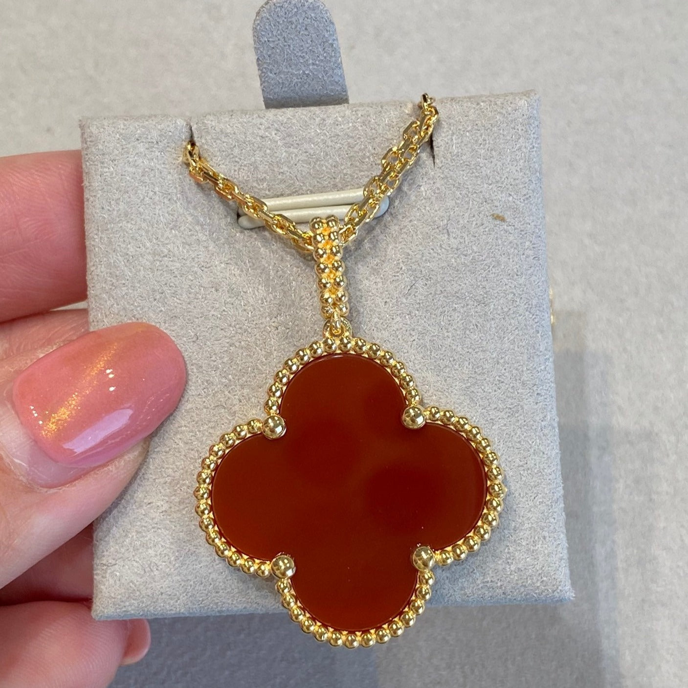 [Dawnora Jewelry]CLOVER 25MM NECKLACE GOLD CARNELIAN