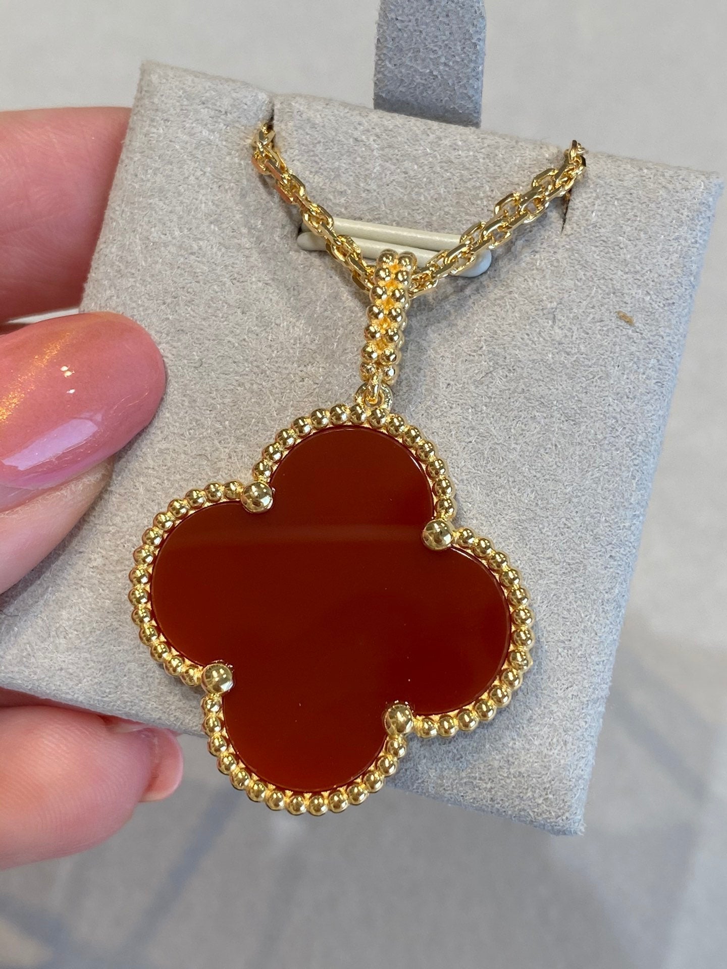 [Dawnora Jewelry]CLOVER 25MM NECKLACE GOLD CARNELIAN