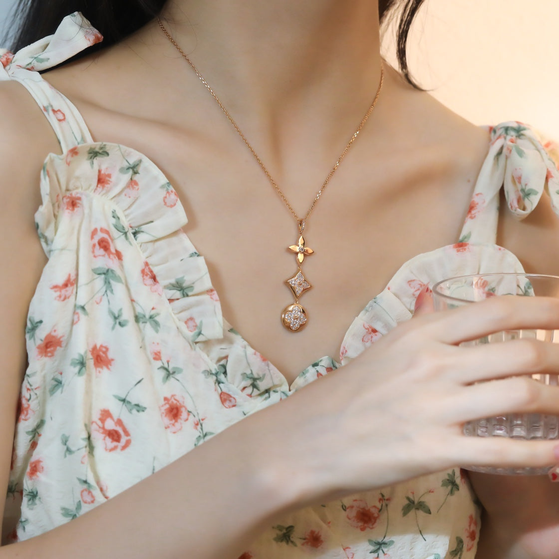 [Dawnora Jewelry]STAR AND SUN DIAMOND PINK GOLD NECKLACE