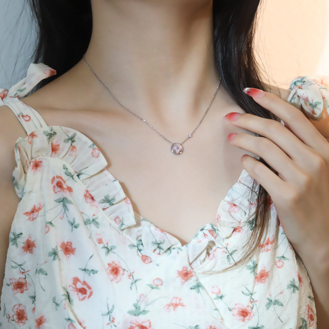 [Dawnora Jewelry]SUN PEDANT PINK GOLD 1 DIAMOND NECKLACE