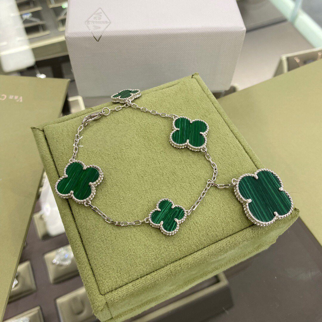 [Dawnora Jewelry]CLOVER 5 MOTIFS SIVLER MALACHITE BRACELET