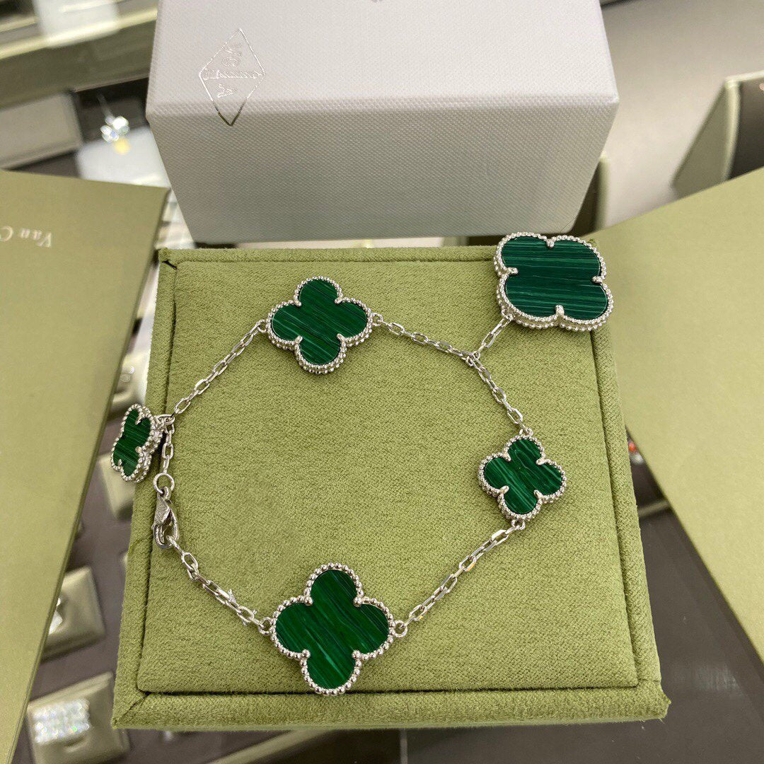 [Dawnora Jewelry]CLOVER 5 MOTIFS SIVLER MALACHITE BRACELET
