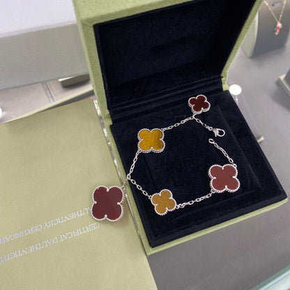 [Dawnora Jewelry]CLOVER 5 MOTIFS SIVLER CARNELIAN TIGER EYE BRACELET