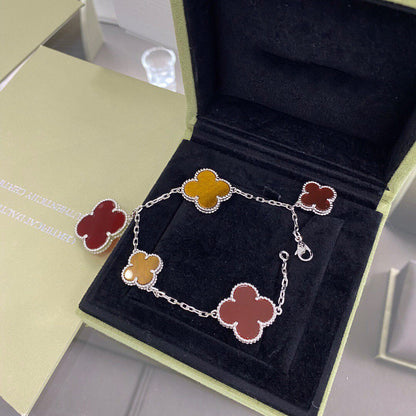 [Dawnora Jewelry]CLOVER 5 MOTIFS SIVLER CARNELIAN TIGER EYE BRACELET