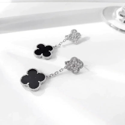 [Dawnora Jewelry]CLOVER 2 MOTIFS  DIAMOND ONYX EARRINGS SILVER