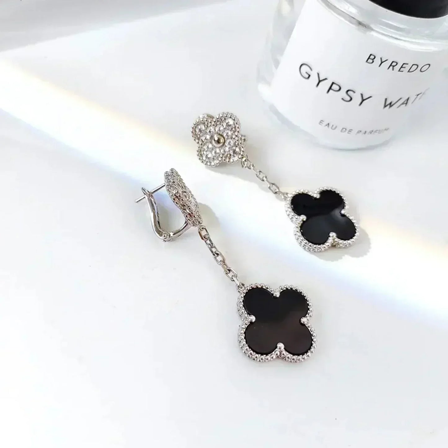 [Dawnora Jewelry]CLOVER 2 MOTIFS  DIAMOND ONYX EARRINGS SILVER