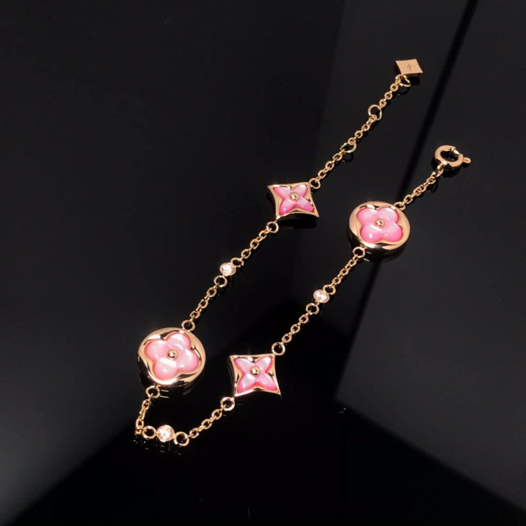 [Dawnora Jewelry]STAR AND SUN 4 MOTIF PINK MOP PINK GOLD BRACELET