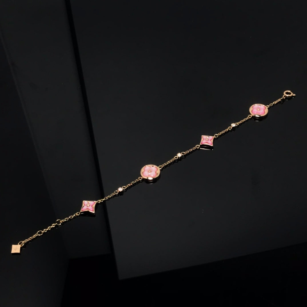 [Dawnora Jewelry]STAR AND SUN 4 MOTIF PINK MOP PINK GOLD BRACELET