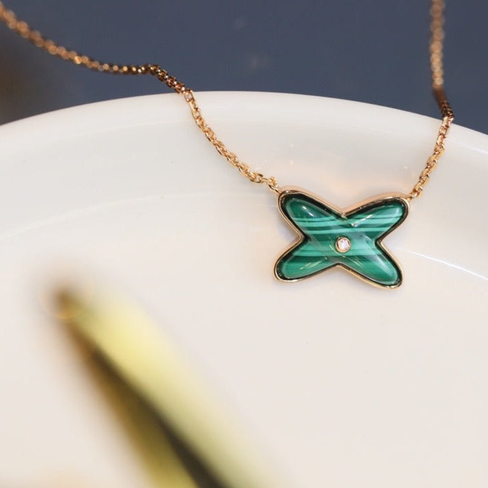 [Dawnora Jewelry]JEUX MALACHITE 1 DIAMOND PINK GOLD NECKLACE