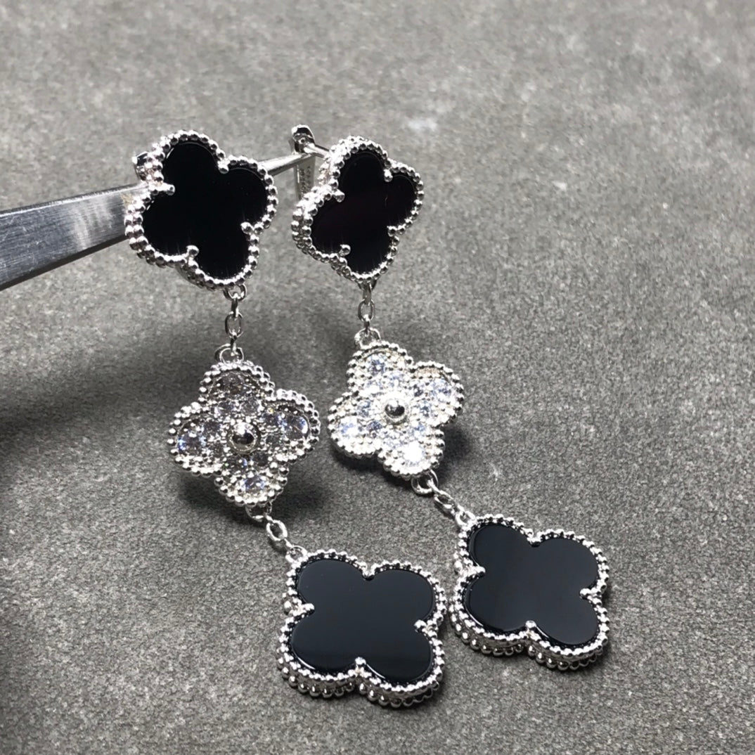 [Dawnora Jewelry]CLOVER 3 MOTIF DIAMOND ONYX SILVER EARRINGS