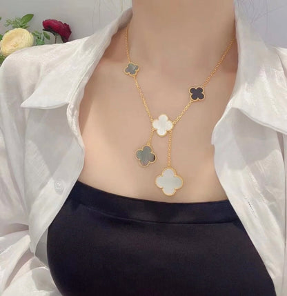 [Dawnora Jewelry]CLOVER 6 MOTIF MOP ONYX GOLD NECKLACE