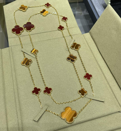 [Dawnora Jewelry]CLOVER 16 MOTIF CARNELIAN TIGER EYE ROSE GOLD NECKLACE