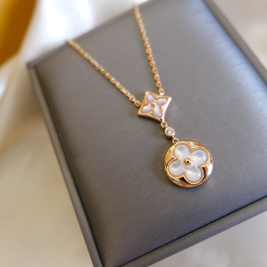 [Dawnora Jewelry]STAR AND SUN WHITE MOP 2 MOTIF PINK GOLD NECKLACE