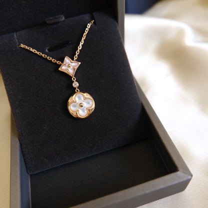 [Dawnora Jewelry]STAR AND SUN WHITE MOP 2 MOTIF PINK GOLD NECKLACE