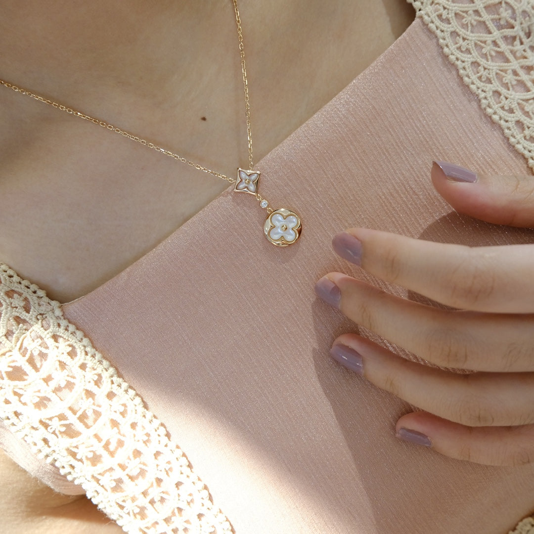[Dawnora Jewelry]STAR AND SUN WHITE MOP 2 MOTIF PINK GOLD NECKLACE