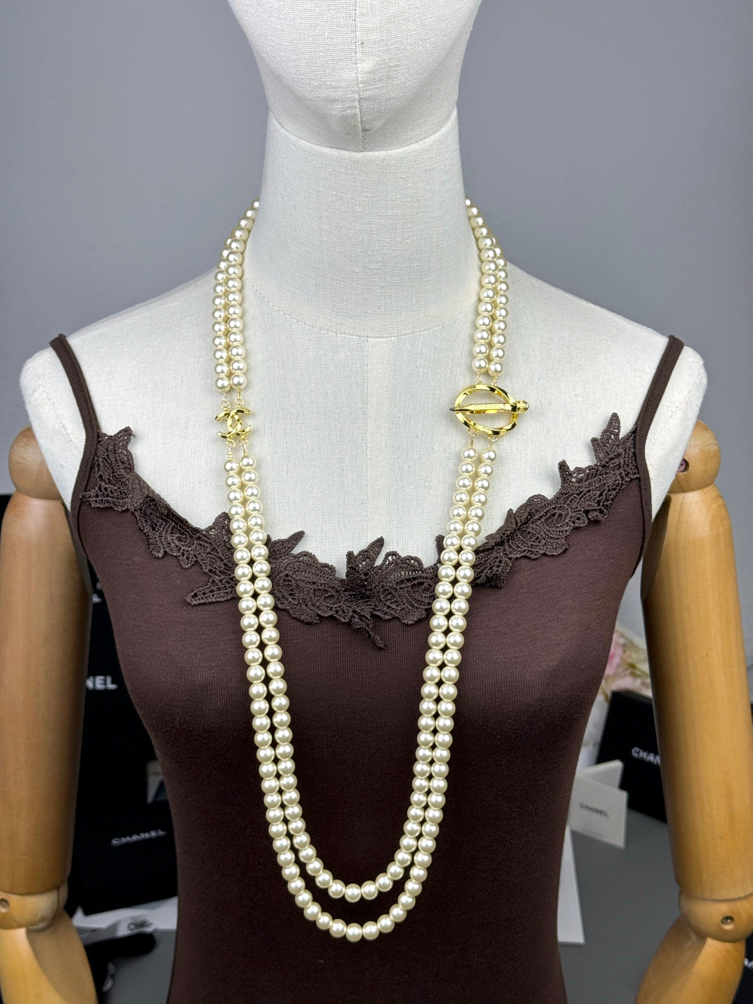 [Dawnora Jewelry]25K Pencil Double C Double-Layer Pearl Sweater Chain
