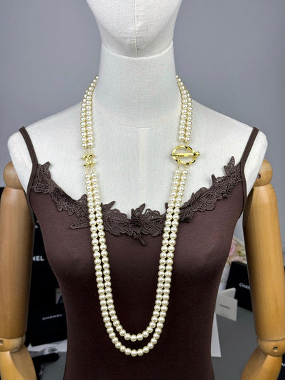 [Dawnora Jewelry]25K Pencil Double C Double-Layer Pearl Sweater Chain