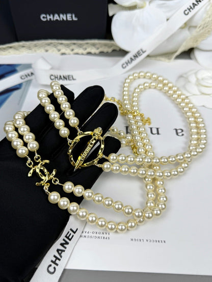 [Dawnora Jewelry]25K Pencil Double C Double-Layer Pearl Sweater Chain