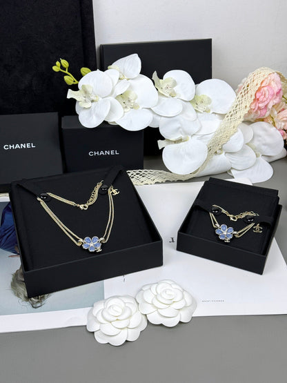 [Dawnora Jewelry]New Blue Floral Double-Layer Necklace