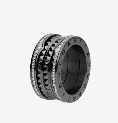 [Dawnora Jewelry]ZERO 1 ROCK FOUR-BAND BLACK CERAMIC WITH STUDDED SPIRAL AND PAVED DIAMONDS RING
