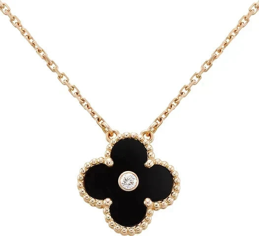 [Dawnora Jewelry]CLOVER 15MM DIAMOND ONYX NECKLACE
