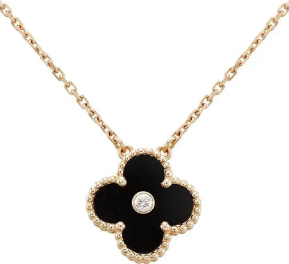 [Dawnora Jewelry]CLOVER 15MM DIAMOND ONYX NECKLACE