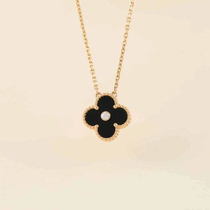 [Dawnora Jewelry]CLOVER 15MM DIAMOND ONYX NECKLACE