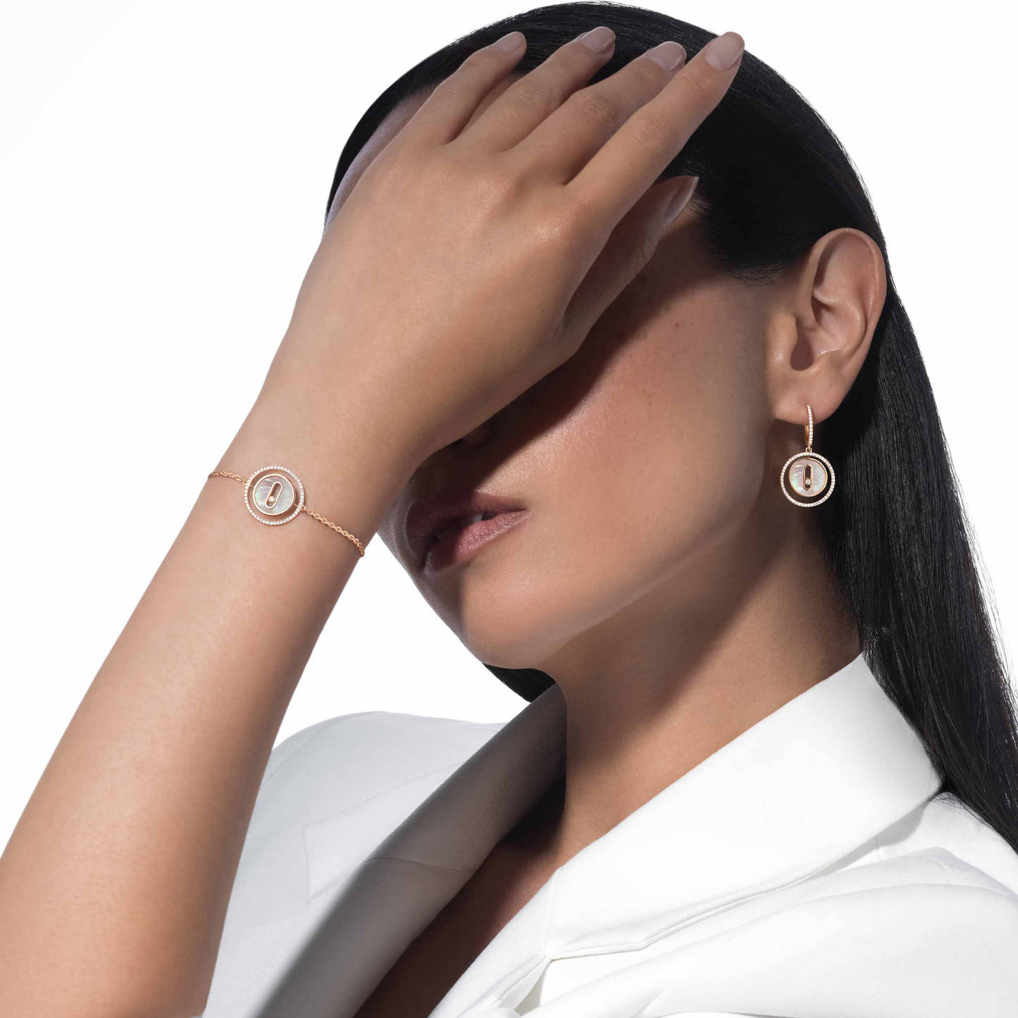 [Dawnora Jewelry]LUCKY MOVE WHITE MOTHER OF PEARL PINK GOLD DIAMOND BRACELET(Adjustable)