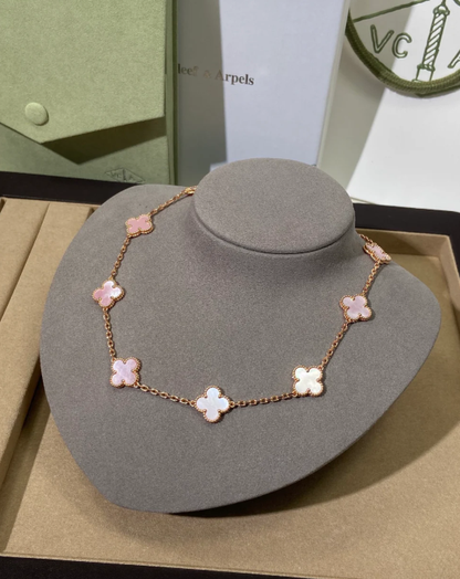 [Dawnora Jewelry Jewellery] Pink Necklace with Ten Clover Designs