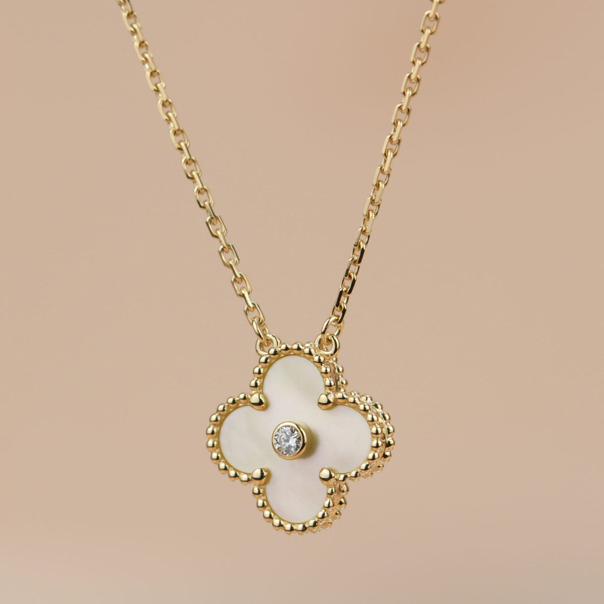 [Dawnora Jewelry]CLOVER 15MM DIAMOND GOLD MOTHER OF PEARL NECKLACE