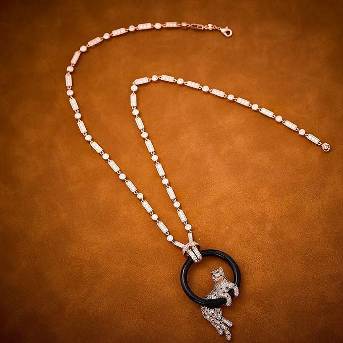 [Dawnora Jewelry]NEW BLACK CIRCLE PANTHER FULL DIAMOND NECKLACE