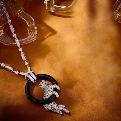 [Dawnora Jewelry]NEW BLACK CIRCLE PANTHER FULL DIAMOND NECKLACE