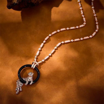 [Dawnora Jewelry]NEW BLACK CIRCLE PANTHER FULL DIAMOND NECKLACE