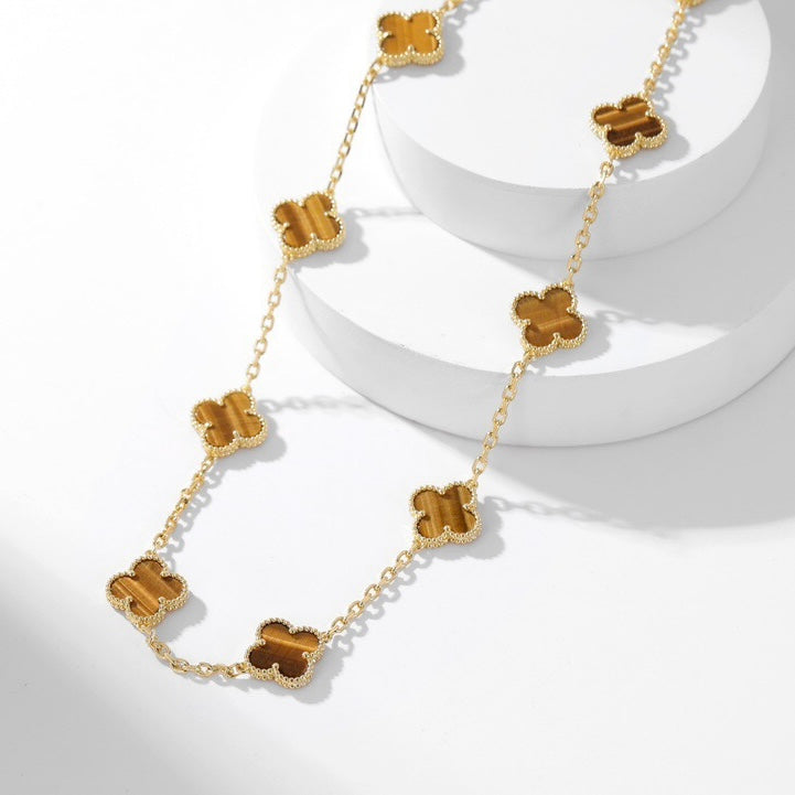 [Dawnora Jewelry]CLOVER 10 MOTIFS TIGER EYE NECKLACE