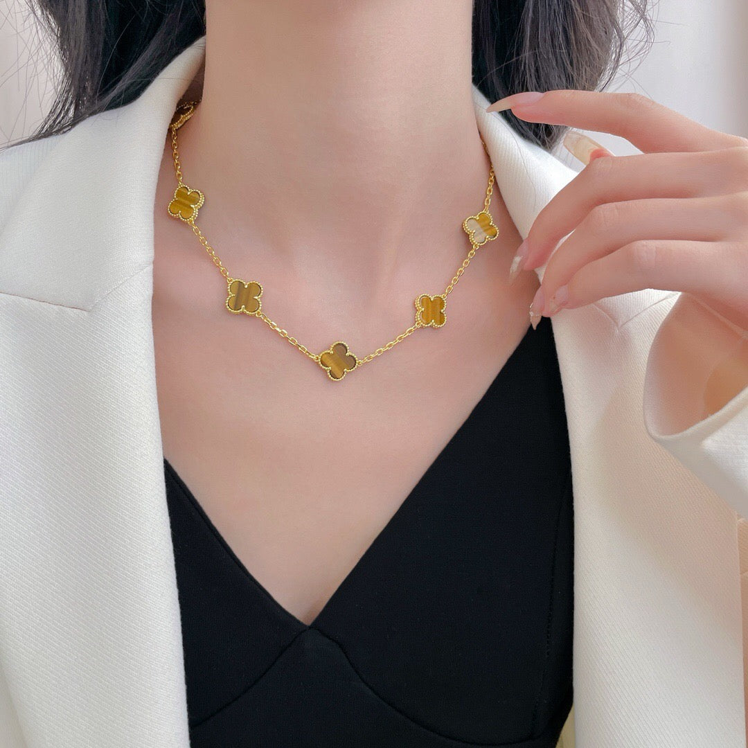 [Dawnora Jewelry]CLOVER 10 MOTIFS TIGER EYE NECKLACE