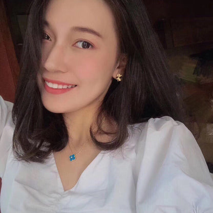 [Dawnora Jewelry]CLOVER 15MM DIAMOND AND BLUE AGATE NECKLACE