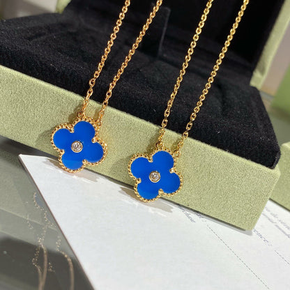 [Dawnora Jewelry]CLOVER 15MM DIAMOND AND BLUE AGATE NECKLACE