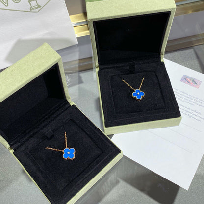 [Dawnora Jewelry]CLOVER 15MM DIAMOND AND BLUE AGATE NECKLACE