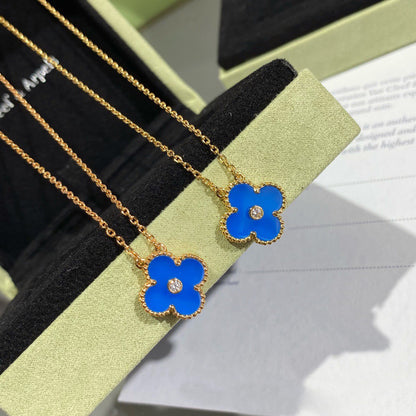 [Dawnora Jewelry]CLOVER 15MM DIAMOND AND BLUE AGATE NECKLACE