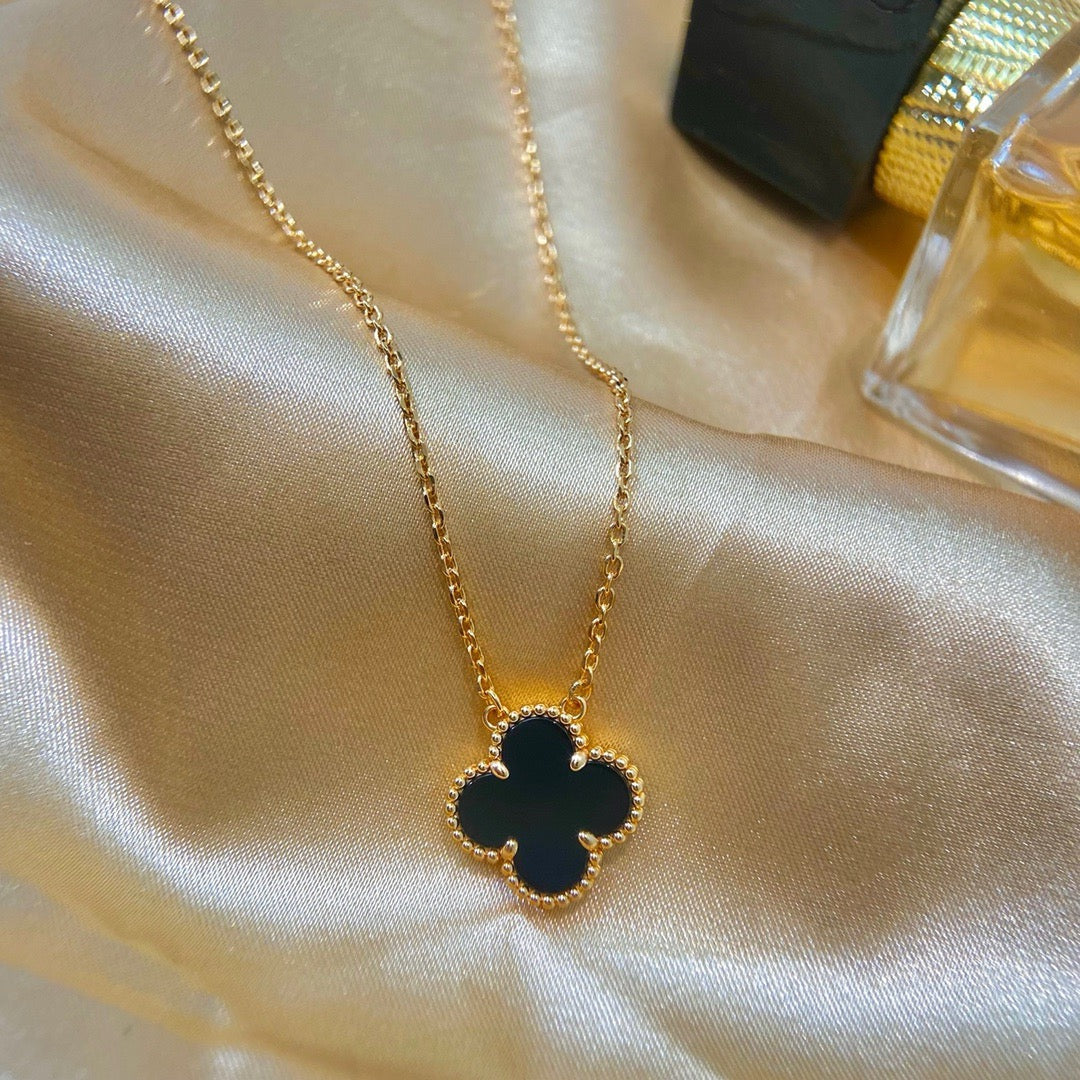 [Dawnora Jewelry]CLOVER 15MM BLACK ONYX SINGLE FLOWER NECKLACE