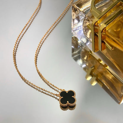 [Dawnora Jewelry]CLOVER 15MM BLACK ONYX SINGLE FLOWER NECKLACE